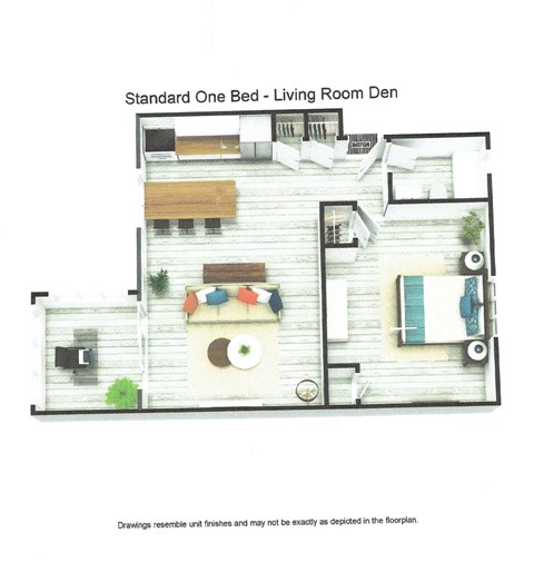 Floor plan for 1 bed, 1 bath, 735 sqft